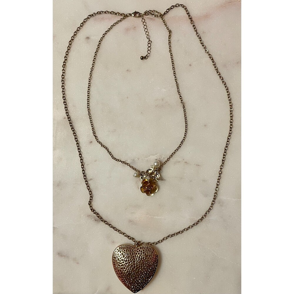 Y2K Brass Tone Double Strand Heart Charm Necklace